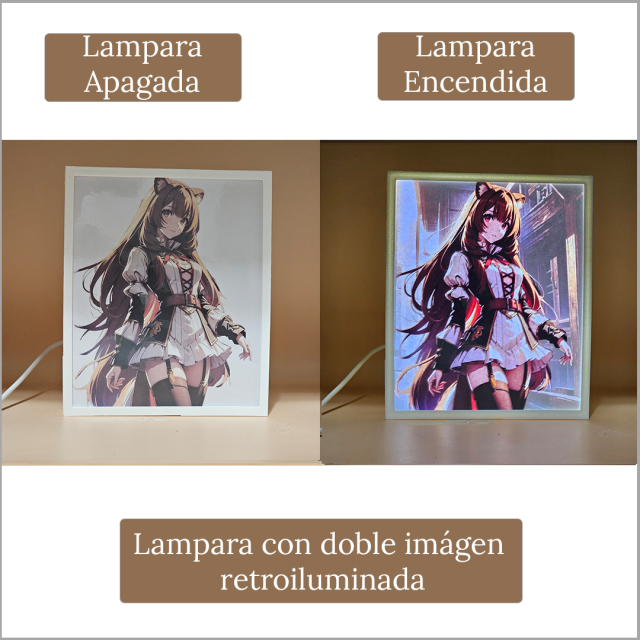 Lámpara ánime/manga  El héroe del escudo  con doble imagen del personaje Raphtalia, vista apagada y encendida, donde se revela la ilustración completa al encender la luz LED.