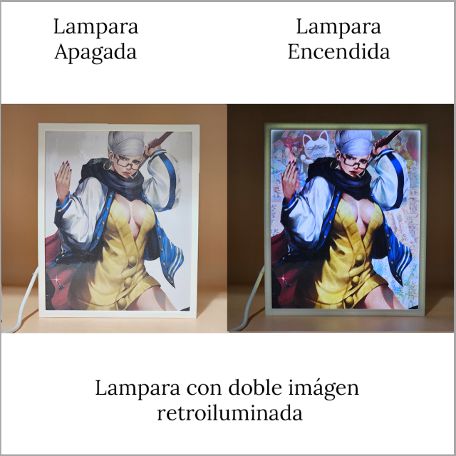 Lámpara ánime/manga  DAN DA DAN  con doble imagen del personaje Seiko Ayase y Turbo Abuela, vista apagada y encendida, donde se revela la ilustración completa al encender la luz LED.