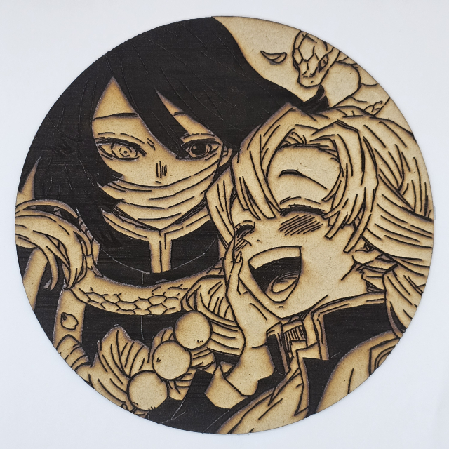 Cuadro decorativo MDF grabado con láser estilo anime manga de Mitsuri Kanroji y Obanai Iguro