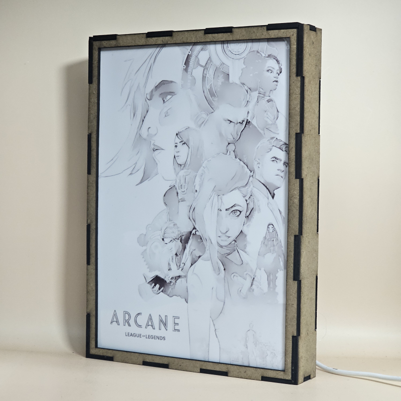 Lámpara ánime/manga  Arcane  con doble imagen del grupo Vi, Jinx, Caitlyn, Jayce, Silco, Viktor, Ekko y Mel Medarda, vista apagada, se esconde la imágen de atras.