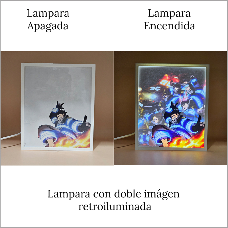 Lámpara ánime/manga  Fire Force  con doble imagen del grupo Shinra Kusakabe, Iris, Tamaki Kotatsu, Arthur Boyle, Akitaru Obi, Takehisa Hinawa, Maki Oze, Victor Licht y Vulcan Joseph, vista apagada y encendida, donde se revela la ilustración completa al encender la luz LED.