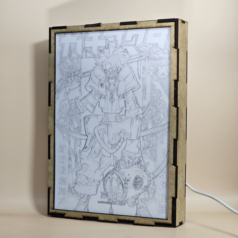 Lámpara ánime/manga  Gachiakuta  con doble imagen del personaje Rudo Surebrec, vista apagada, se esconde la imágen de atras.