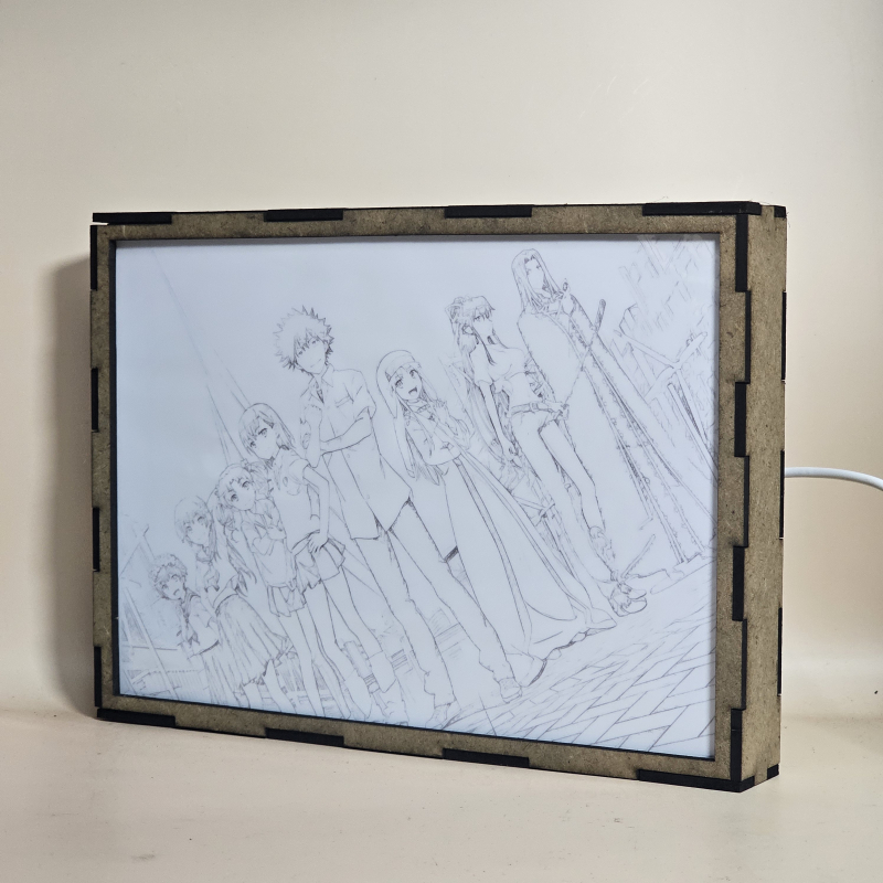 Lámpara ánime/manga  Toaru Majutsu no Index  con doble imagen del grupo Uiharu Kazari, Stiyl Magnus, Kanzaki Kaori, Index, Kamijou Touma, Misaka Mikoto, Shirai Kuroko y Saten Ruiko, vista apagada, se esconde la imágen de atras.