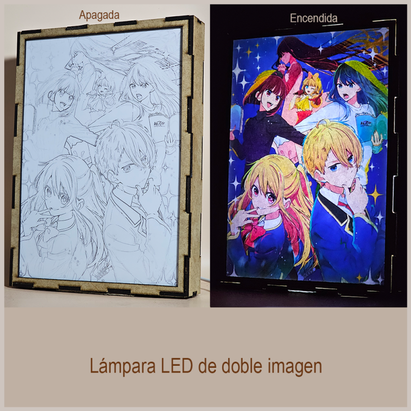 Lámpara ánime/manga  Oshi No Ko  con doble imagen del grupo Aquamarine Hoshino, Ruby Hoshino, Ai Hoshino, Akane Kurokawa, Kana Arima y Mem-Cho, vista apagada y encendida, donde se revela la ilustración completa al encender la luz LED.