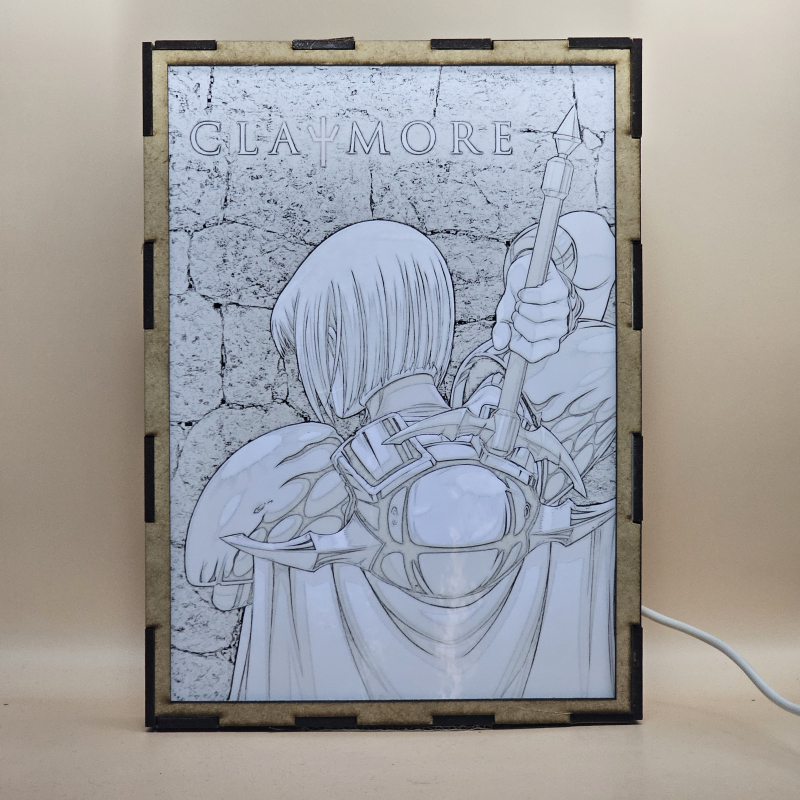 Lámpara ánime/manga  Claymore  con doble imagen del personaje Clare, vista encendida, con luz ambiente, donde se revela la ilustración completa al encender la luz LED.