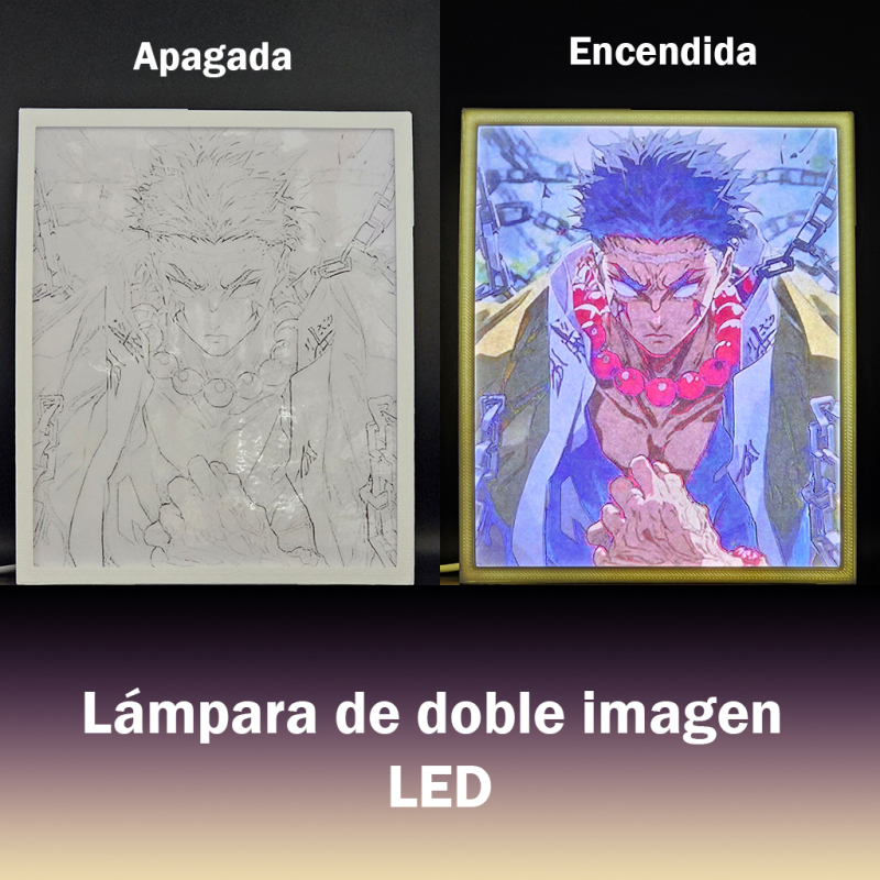 Lámpara ánime/manga  Kimetsu no Yaiba  con doble imagen del personaje Gyomei Himejima, vista apagada y encendida, donde se revela la ilustración completa al encender la luz LED.