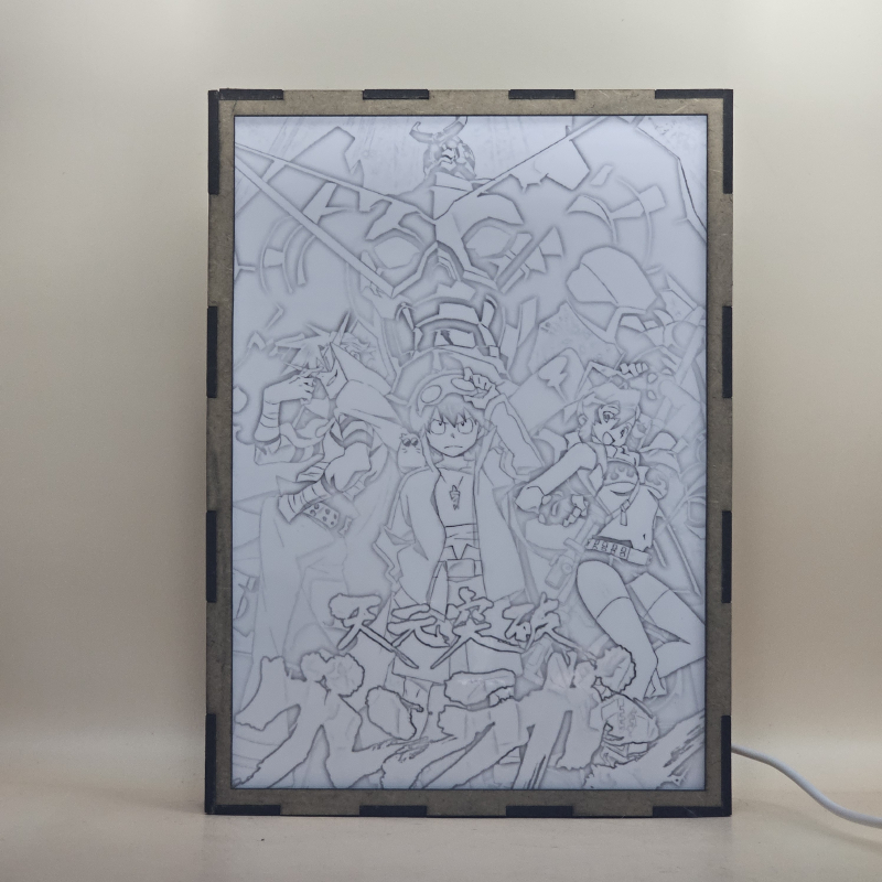 Lámpara ánime/manga  Tengen Toppa Gurren Lagann  con doble imagen del grupo Simon, Gurren Lagann, Kamina, Yoko Littner y Boota, vista apagada, se esconde la imágen de atras.