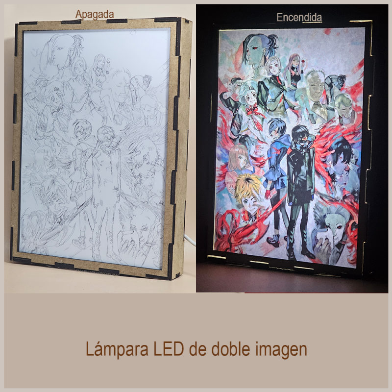 Lámpara ánime/manga  Tokyo Ghoul  con doble imagen del grupo Ken Kaneki, Touka Kirishima, Hide, Juuzou Suzuya, Uta, Rize Kamishiro y Hinami Fueguchi, vista apagada y encendida, donde se revela la ilustración completa al encender la luz LED.
