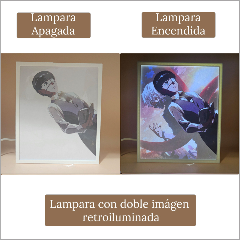Lámpara ánime/manga  Tokyo Ghoul  con doble imagen del personaje Ken Kaneki, vista apagada y encendida, donde se revela la ilustración completa al encender la luz LED.