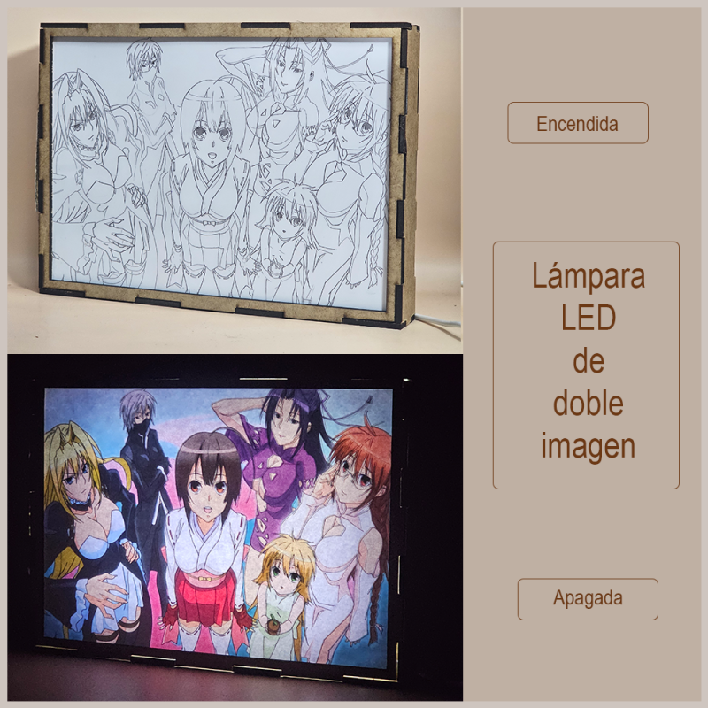 Lámpara ánime/manga  Sekirei  con doble imagen del grupo Tsukiumi, Homura, Musubi, Matsu, Kusano, Kazehana y Homura, vista apagada y encendida, donde se revela la ilustración completa al encender la luz LED.