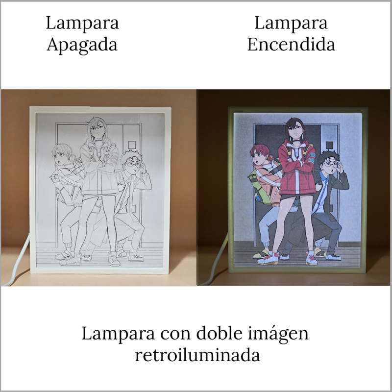 Lámpara ánime/manga  DAN DA DAN  con doble imagen del grupo Okarun, Momo Ayase y Jiji, vista apagada y encendida, donde se revela la ilustración completa al encender la luz LED.