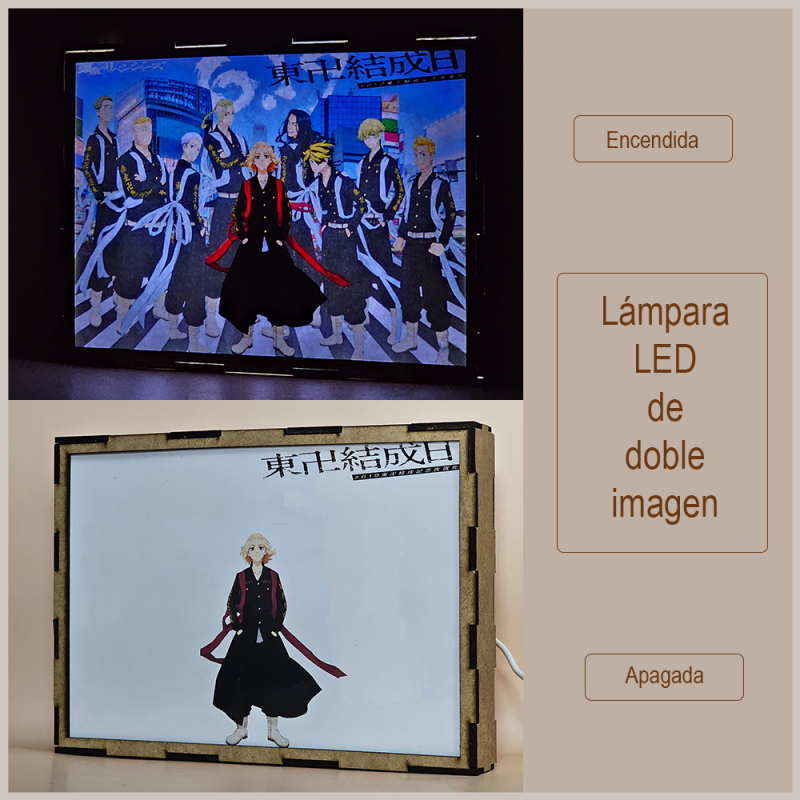 Lámpara ánime/manga  Tokyo Revengers  con doble imagen del grupo Takemichi Hanagaki, Draken, Mikey, Chifuyu Matsuno, Kazutora Hanemiya, Keisuke Baji, Takashi Mitsuya, Peh-yan y Pah-chin, vista apagada y encendida, donde se revela la ilustración completa al encender la luz LED.