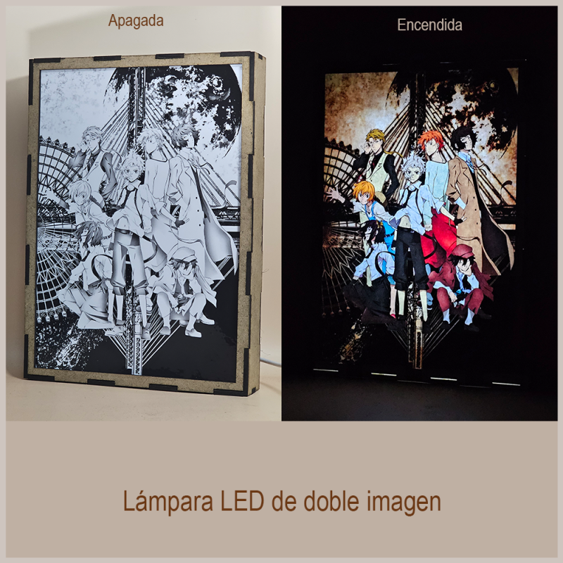 Lámpara ánime/manga  Bungo Stray Dogs  con doble imagen del grupo Atsushi Nakajima, Osamu Dazai, Doppo Kunikida, Kenji Miyazawa, Jun'ichirō Tanizaki, Akiko Yosano y Ranpo Edogawa, vista apagada y encendida, donde se revela la ilustración completa al encender la luz LED.