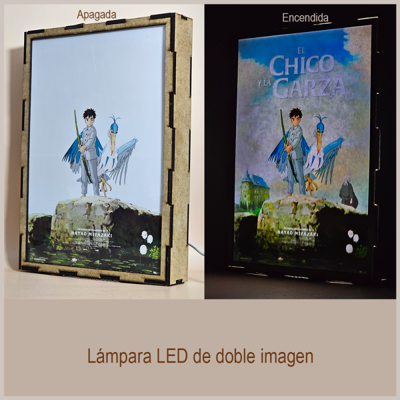 Lámpara ánime  El chico y la garza  con doble imagen del grupo Mahito Maki, Garza Gris y Kiriko, vista apagada y encendida, donde se revela la ilustración completa al encender la luz LED.