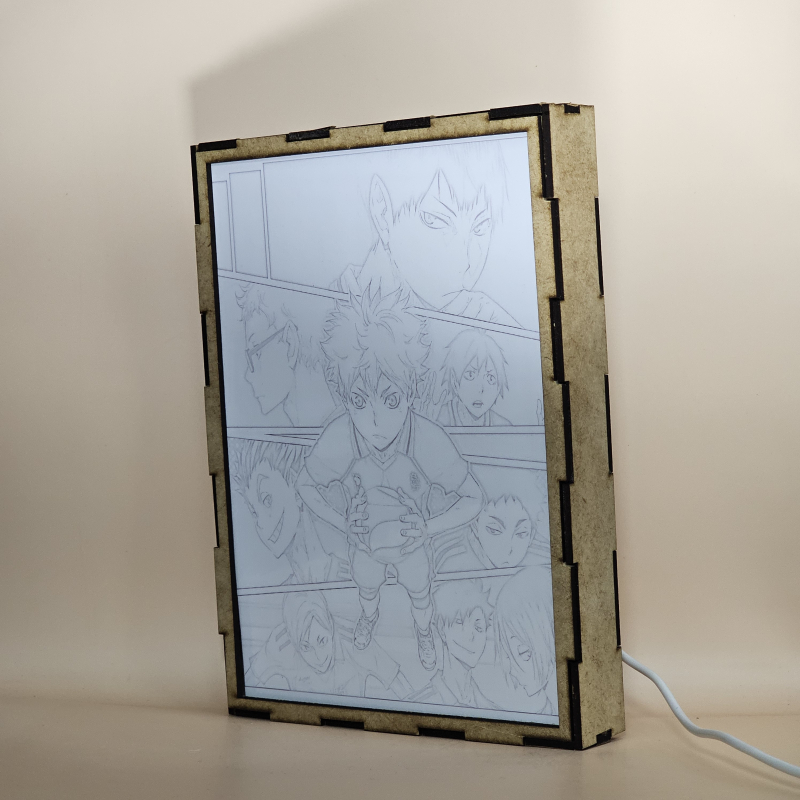 Lámpara ánime/manga  Haikyuu  con doble imagen del grupo Shoyo Hinata, Tobio Kageyama, Kei Tsukishima, Tadashi Yamaguchi, Koutaro Bokuto, Keiji Akaashi, Kenma Kozume, Kuroo Tetsurō y Lev Haiba, vista apagada, se esconde la imágen de atras.