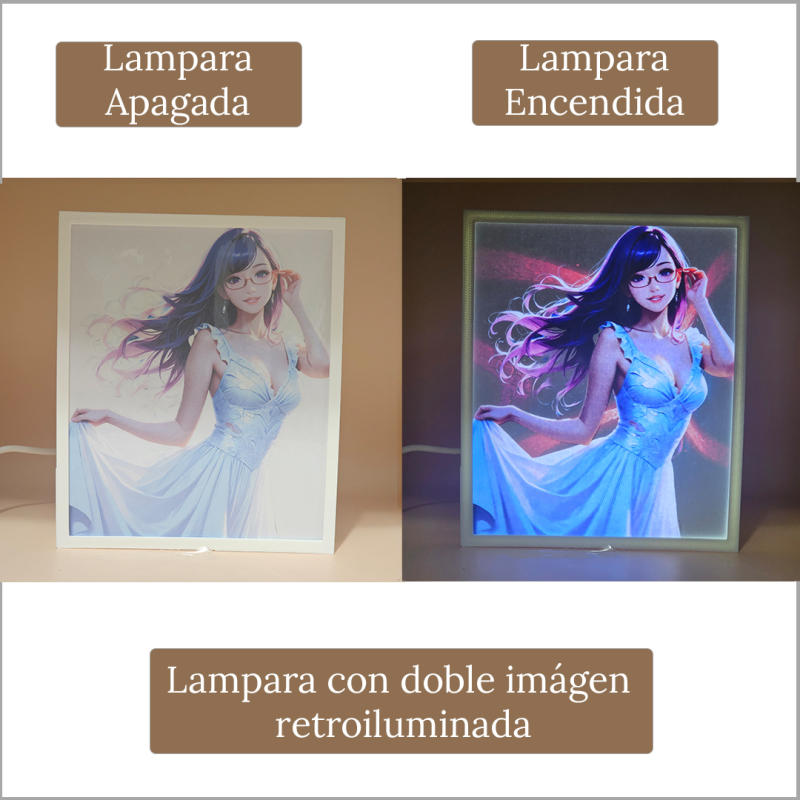 Lámpara ánime/manga  Tokyo Ghoul  con doble imagen del personaje Rize Kamishiro, vista apagada y encendida, donde se revela la ilustración completa al encender la luz LED.