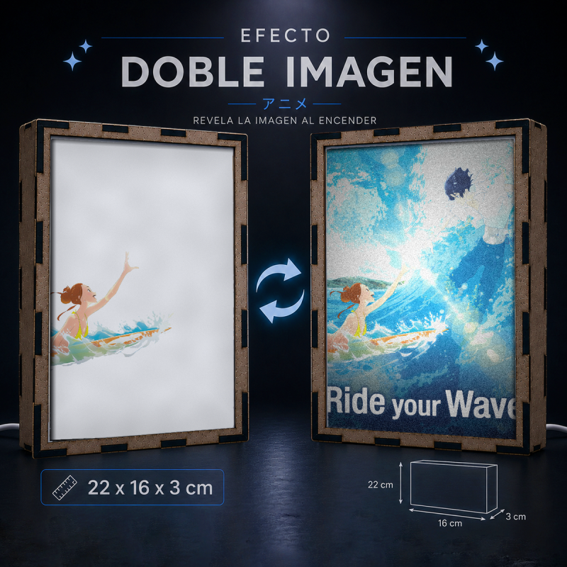 Lámpara LED Ride Your Wave con Hinako Mukaimizu surfeando y Minato Hinageshi entre las olas - principal