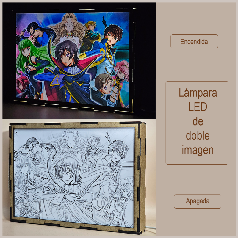 Lámpara ánime/manga  Code Geass  con doble imagen del grupo Lelouch Lamperouge, Suzaku Kururugi, C.C, Kallen Stadtfeld, Nunnally Lamperouge, Milly Ashford, Nina Einstein, Jeremiah Gottwald y Euphemia li Britannia, vista apagada y encendida, donde se revela la ilustración completa al encender la luz LED.