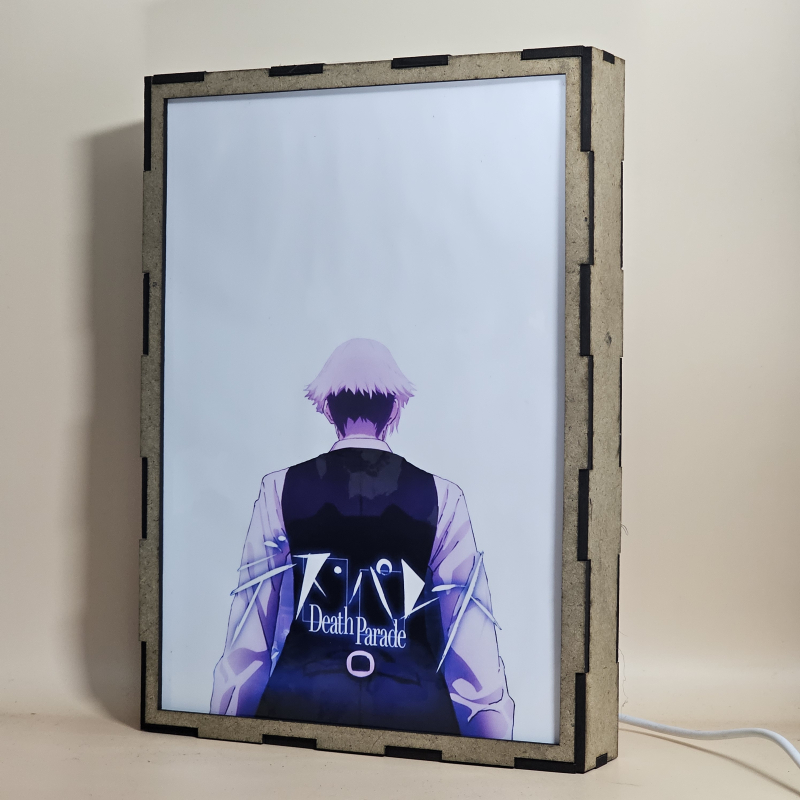 Lámpara ánime/manga  Death Parade  con doble imagen de la pareja Decim y Chiyuki, vista apagada, se esconde la imágen de atras.