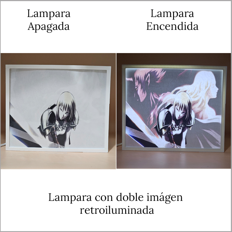 Lámpara ánime/manga  Claymore  con doble imagen del grupo Clare, Teresa y Priscilla, vista apagada y encendida, donde se revela la ilustración completa al encender la luz LED.
