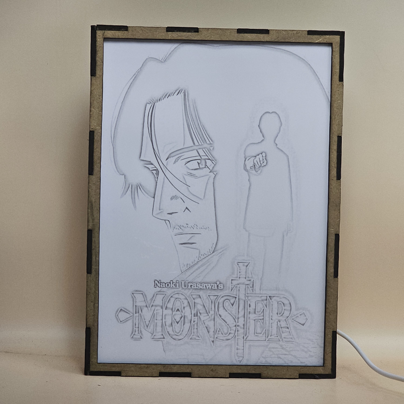 Lámpara ánime/manga  Monster  con doble imagen de la pareja Kenzo Tenma y Johan Liebert, vista apagada, se esconde la imágen de atras.