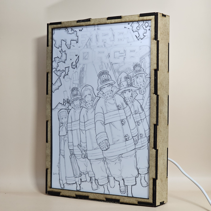 Lámpara ánime/manga  Fire Force  con doble imagen del grupo Shinra Kusakabe, Arthur Boyle, Iris, Akitaru Obi, Takehisa Hinawa y Maki Oze, vista apagada, se esconde la imágen de atras.