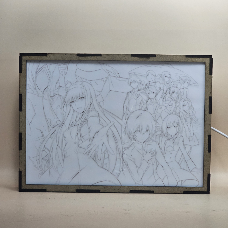 Lámpara ánime/manga  Darling in the Franxx  con doble imagen del grupo Zero Two, Hiro, Ichigo, Ikuno, Goro, Kokoro, Mitsuru, Miku, Zorome y Futoshi, vista apagada, se esconde la imágen de atras.