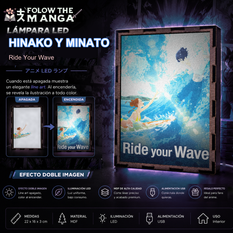 Lámpara LED Ride Your Wave con Hinako Mukaimizu surfeando y Minato Hinageshi entre las olas - redes sociales