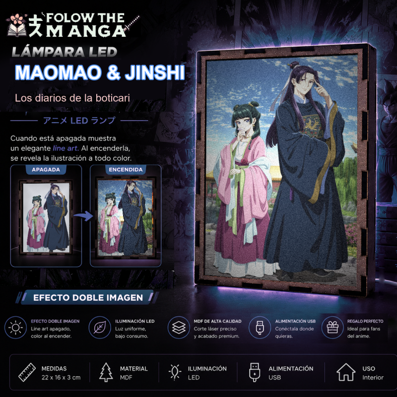 Lámpara LED The Apothecary Diaries con Maomao y Jinshi en vestimenta palaciega - redes sociales