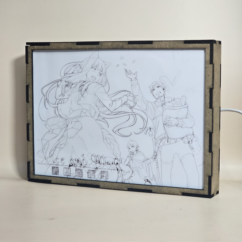 Lámpara ánime/manga  Spice and Wolf  con doble imagen del grupo Holo, Kraft Lawrence y Elsa Schieri, vista apagada, se esconde la imágen de atras.