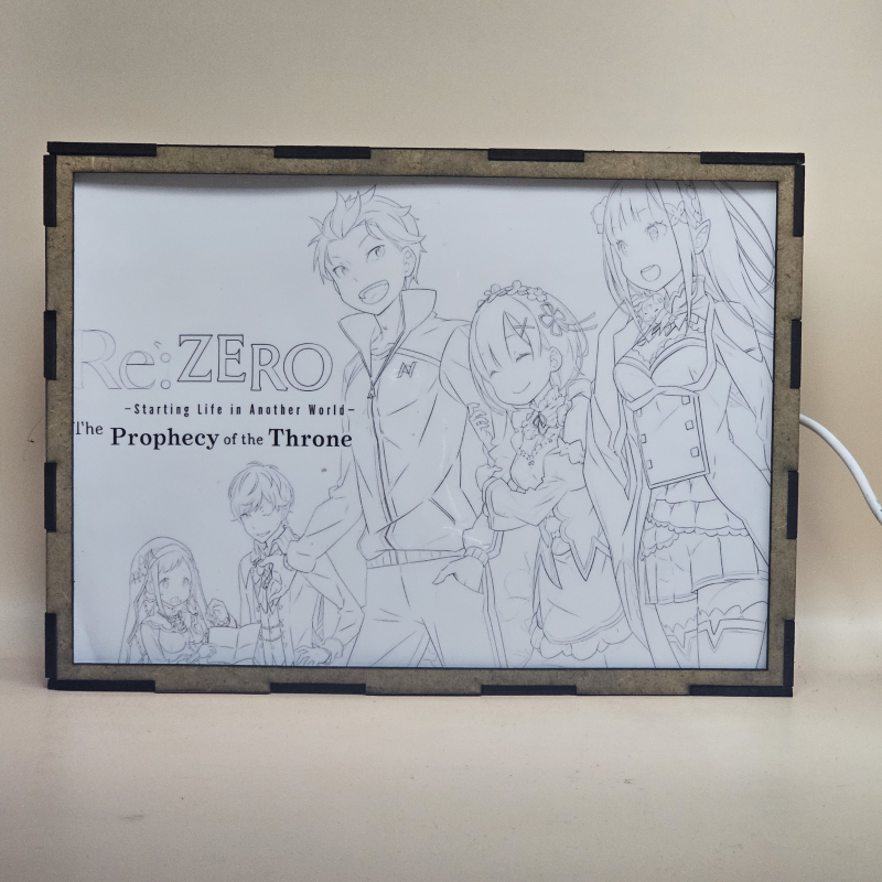 Lámpara ánime/manga  Re:Zero  con doble imagen del grupo Subaru Natsuki, Emilia, Rem, Melty Pristis y Tiga Rauleon, vista apagada, se esconde la imágen de atras.