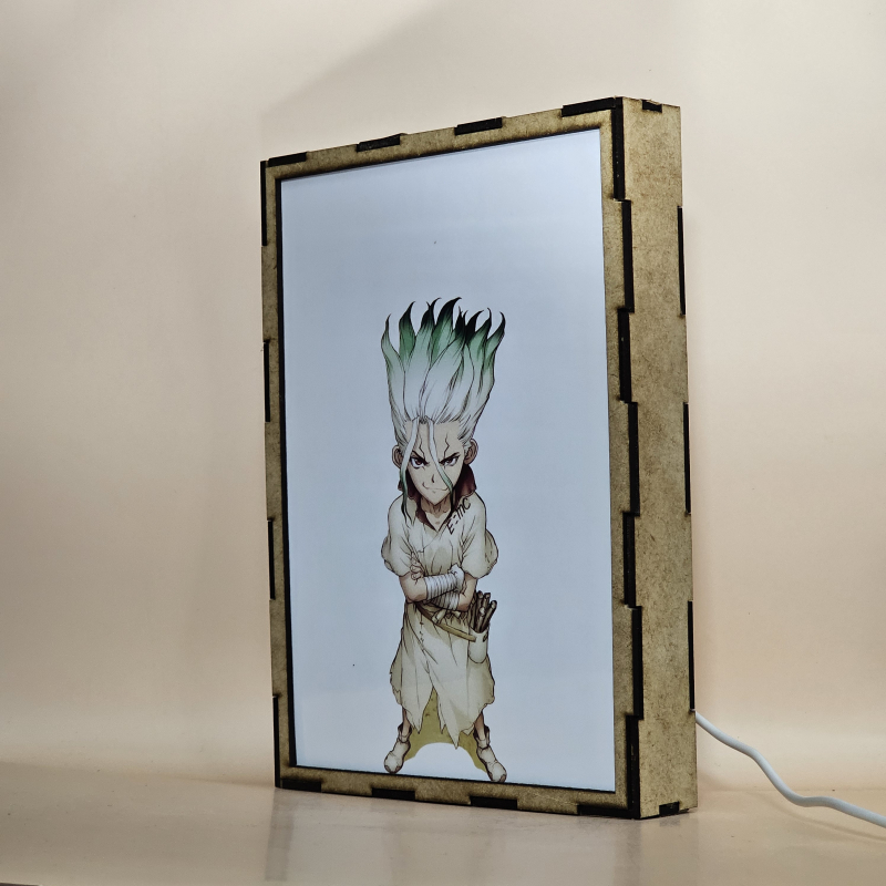 Lámpara ánime/manga  DR. Stone  con doble imagen del grupo Senkuu Ishigami, Kohaku, Gen Asagiri, Chrome, Ruri, Suika, Ginro, Kinro y Kaseki, vista apagada, se esconde la imágen de atras.