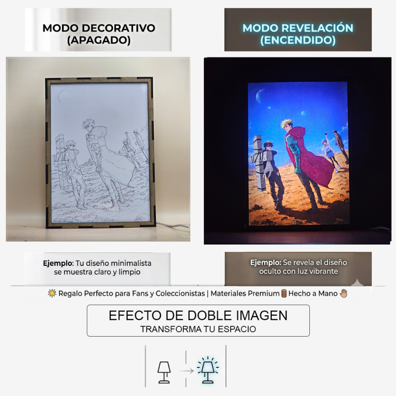 Lámpara ánime/manga  Trigun  con doble imagen del grupo Nicholas D. Wolfwood, Vash the Stampede, Roberto De Niro y Meryl Stryfe, vista apagada y encendida, donde se revela la ilustración completa al encender la luz LED.