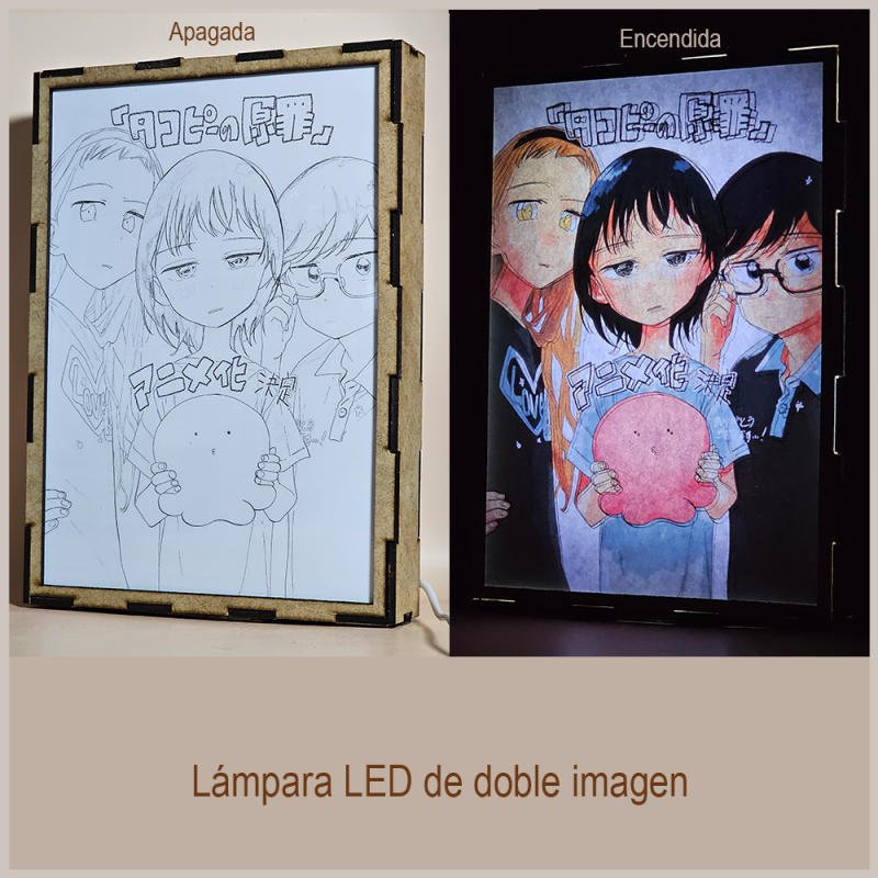 Lámpara ánime/manga  El pecado original de Takopi  con doble imagen del grupo Shizuka Kuze, Marina Kirarazaka, Takopi y Naoki Azuma, vista apagada y encendida, donde se revela la ilustración completa al encender la luz LED.