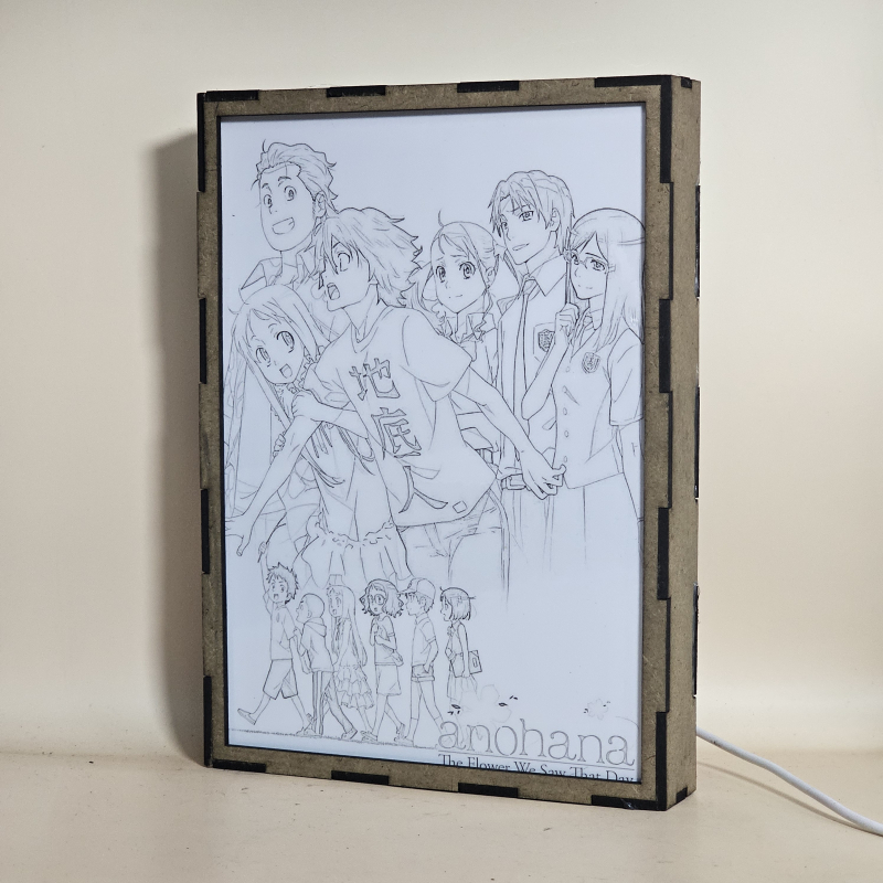 Lámpara ánime/manga  Anohana  con doble imagen del grupo Jintan, Menma, Anaru, Yukiatsu, Tsuruko y Poppo, vista apagada, se esconde la imágen de atras.