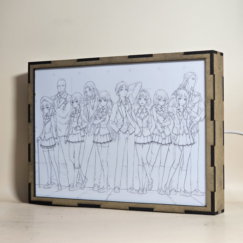 Lámpara ánime/manga  Classroom of the Elite  con doble imagen del grupo Kiyotaka Ayanokōji, Arisu Sakayanagi, Kohei Katsuragi, Mio Ibuki, Kakeru Ryūen, Suzune Horikita, Kikyo Kushida, Airi Sakura, Honami Ichinose y Rōen Kōenji, vista apagada, se esconde la imágen de atras.