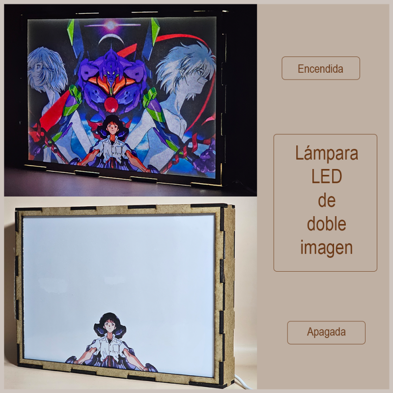Lámpara ánime/manga  Evangelion  con doble imagen del grupo Rei Ayanami, Shinji Ikari, Kaworu Nagisa y EVA Unit-01, vista apagada y encendida, donde se revela la ilustración completa al encender la luz LED.