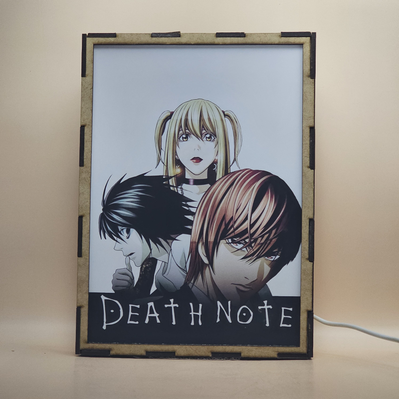 Lámpara ánime/manga  Death Note  con doble imagen del grupo Light Yagami, L, Ryuk y Misa Amane, vista apagada, se esconde la imágen de atras.
