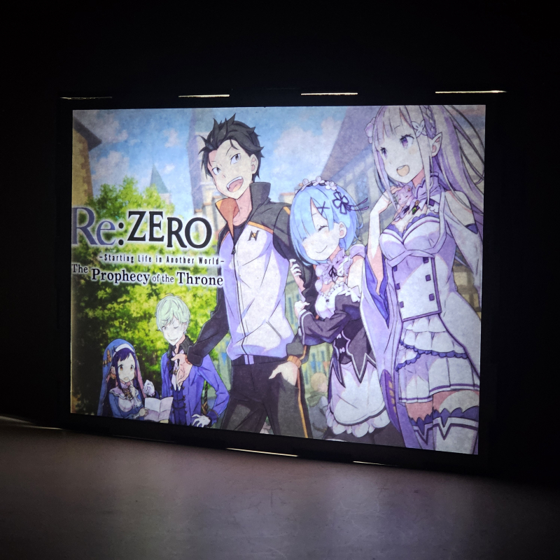 Lámpara ánime/manga  Re:Zero  con doble imagen del grupo Subaru Natsuki, Emilia, Rem, Melty Pristis y Tiga Rauleon, vista encendida, donde se revela la ilustración completa al encender la luz LED.