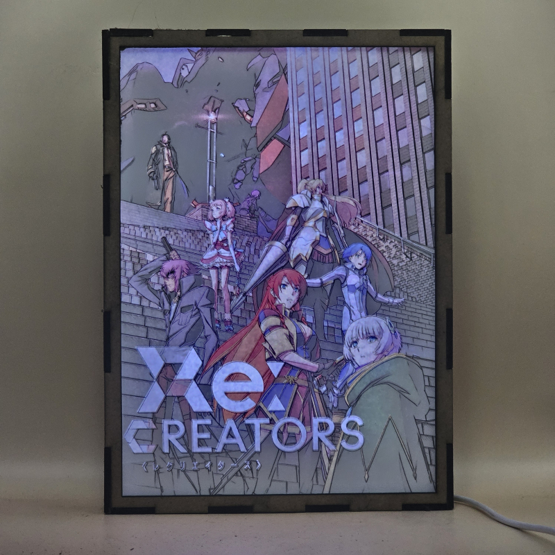 Lámpara ánime/manga  Re:Creators  con doble imagen del grupo Meteora Österreich, Selesia Upitiria, Yuya Mirokuji, Rui Kanoya, Mamika Kirameki, Alicetaria February y Blitz Talker, vista encendida, con luz ambiente, donde se revela la ilustración completa al encender la luz LED.