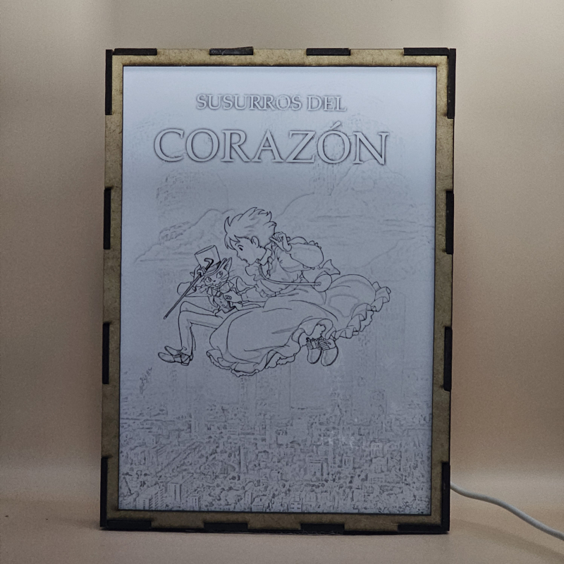 Lámpara ánime  Susurros del corazón  con doble imagen de la pareja Shizuku Tsukishima y Baron Humbert Von Gikkingen, vista apagada, se esconde la imágen de atras.