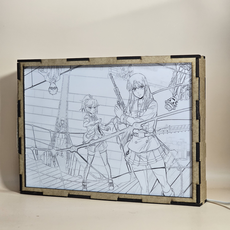 Lámpara ánime/manga  Tenku Shinpan  con doble imagen del grupo Yuri Honjo, Mayuko Nise, Kuon Shinzaki y Rika Honjo, vista apagada, se esconde la imágen de atras.