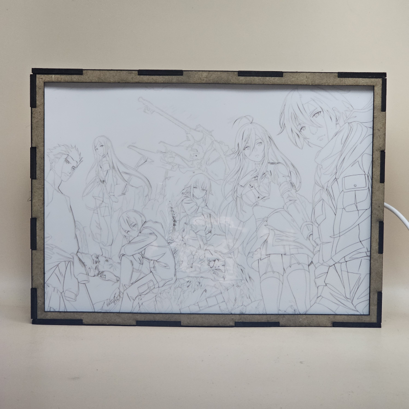 Lámpara ánime/manga  86: Eighty-Six  con doble imagen del grupo Shin, Lena, Theo, Kurena Kukumila, Anju Emma y Raiden Shuga, vista apagada, se esconde la imágen de atras.