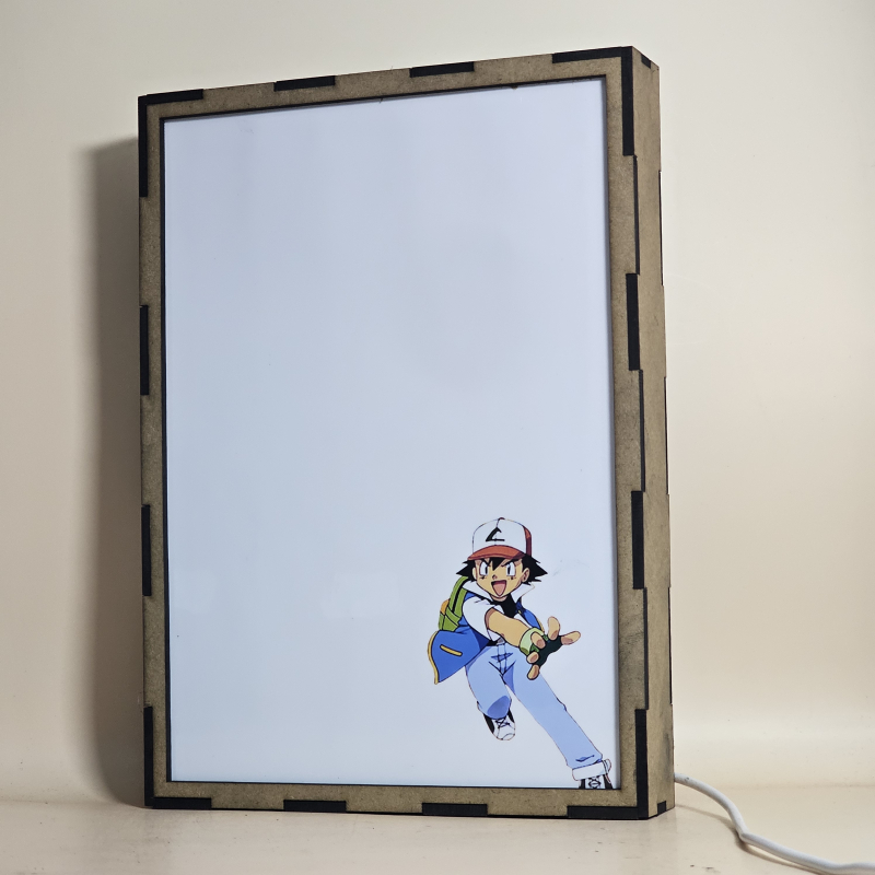 Lámpara ánime/manga  Pokémon  con doble imagen del grupo Ash Ketchum y Pikachu, vista apagada, se esconde la imágen de atras.