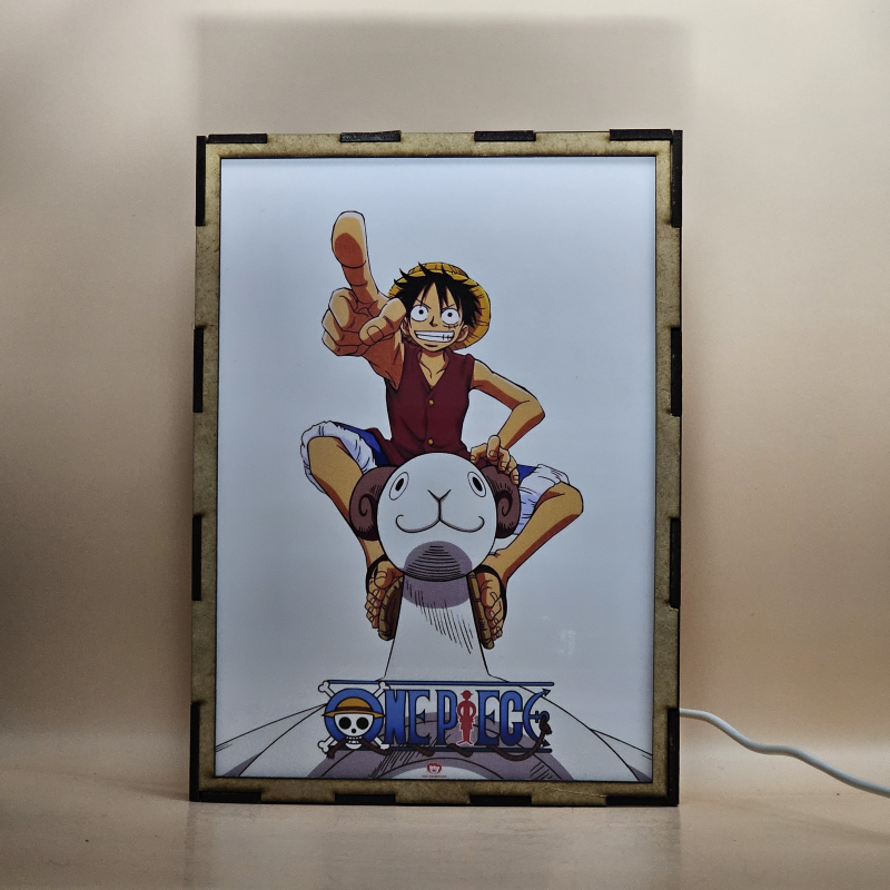 Lámpara ánime/manga  One Piece  con doble imagen del grupo Monkey D. Luffy, Roronoa Zoro, Nami, Usopp y Vinsmoke Sanji, vista apagada, se esconde la imágen de atras.