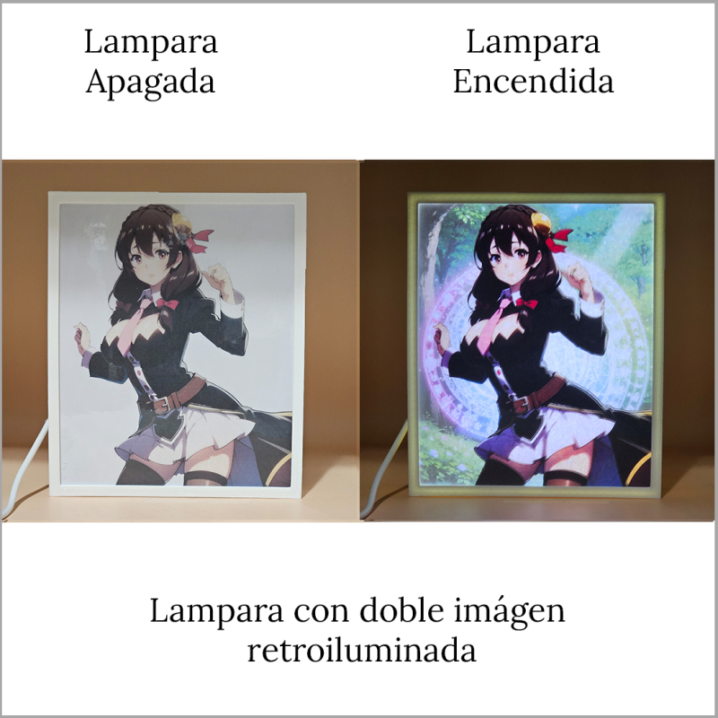Lámpara ánime/manga  KonoSuba  con doble imagen del personaje Yunyun, vista apagada y encendida, donde se revela la ilustración completa al encender la luz LED.