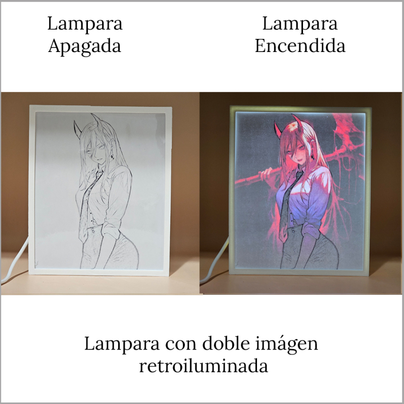 Lámpara ánime/manga  Chainsaw Man  con doble imagen del personaje Power, vista apagada y encendida, donde se revela la ilustración completa al encender la luz LED.