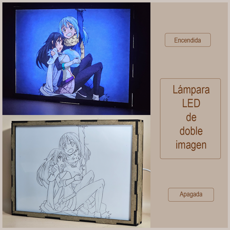 Lámpara ánime/manga  That Time I Got Reincarnated as a Slime  con doble imagen de la pareja Rimuru Tempest y Shizue Izawa (Shizu), vista apagada y encendida, donde se revela la ilustración completa al encender la luz LED.
