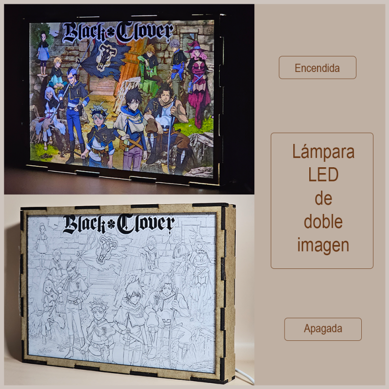 Lámpara ánime/manga  Black Clover  con doble imagen del grupo Asta, Yuno, Yami Sukehiro, Noelle Silva, Luck Voltia, Finral Roulacase, Charmy Pappitson, Gordon Agrippa, Vanessa Enoteca, Gauche Adlai, Grey y Nero, vista apagada y encendida, donde se revela la ilustración completa al encender la luz LED.