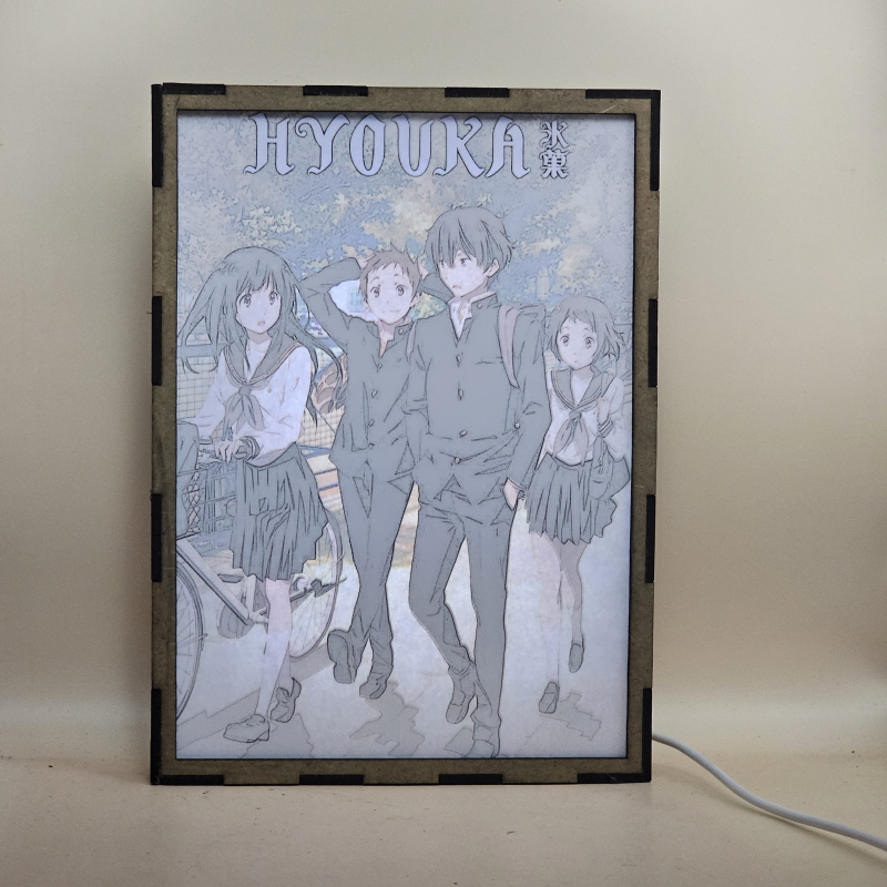 Lámpara ánime/manga  Hyouka  con doble imagen del grupo Eru Chitanda, Satoshi Fukube, Houtarou Oreki y Mayaka Ibara, vista encendida, con luz ambiente, donde se revela la ilustración completa al encender la luz LED.